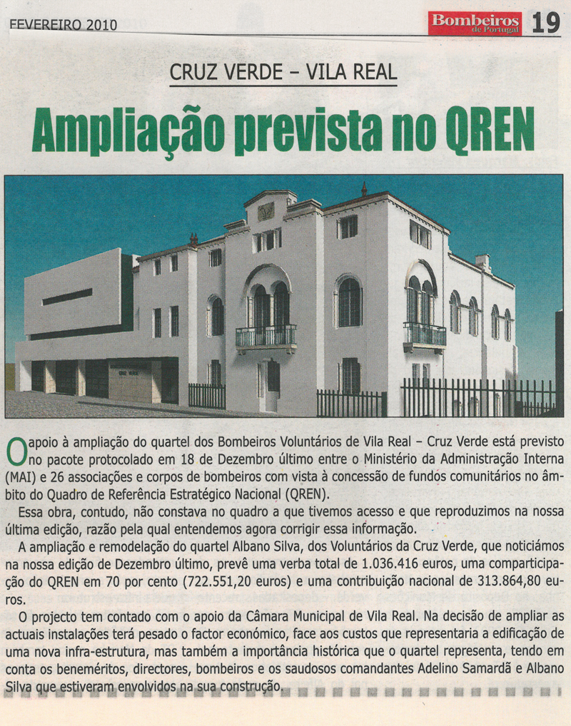 Notícia sobre ampliação do quartel no jornal "Bombeiros de Portugal" - edição de Fevereiro 2010